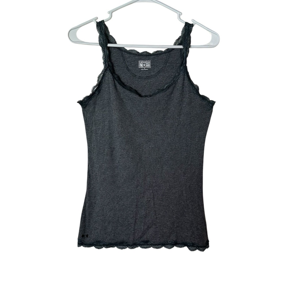 Converse One Star Y2K Lace Trim Cami Tank Top Size L Gray Elena Gilbert Preppy